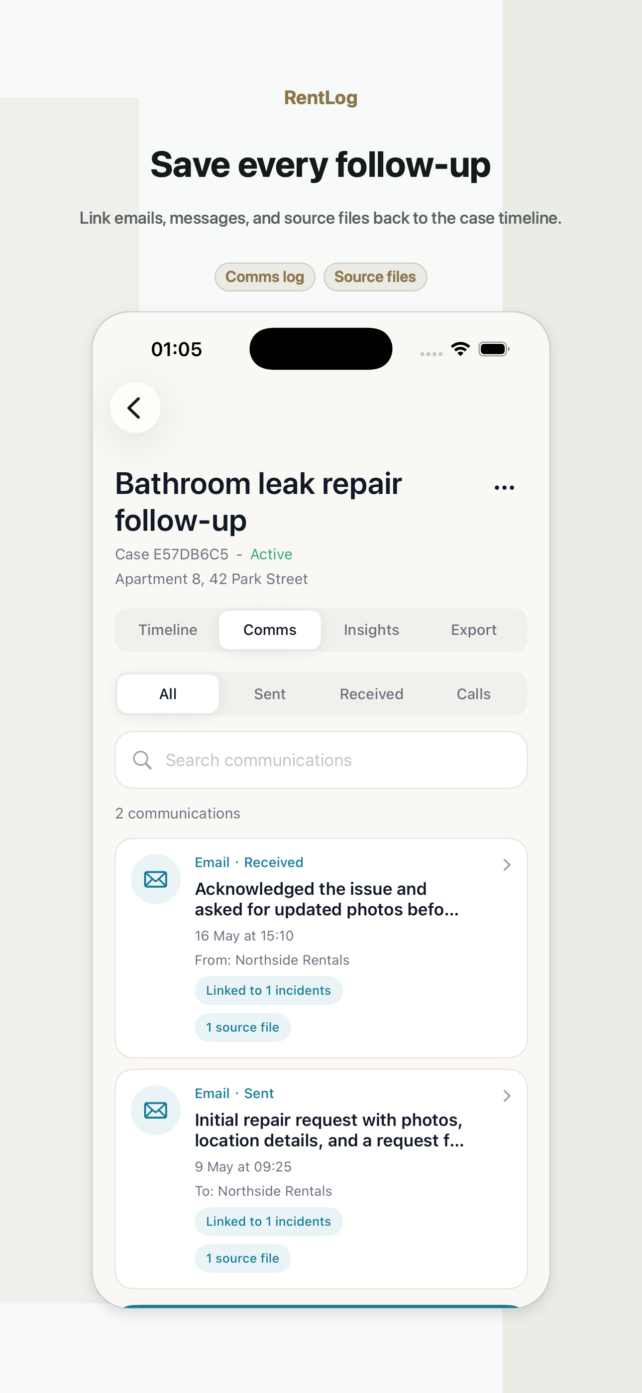 RentLog communications screen