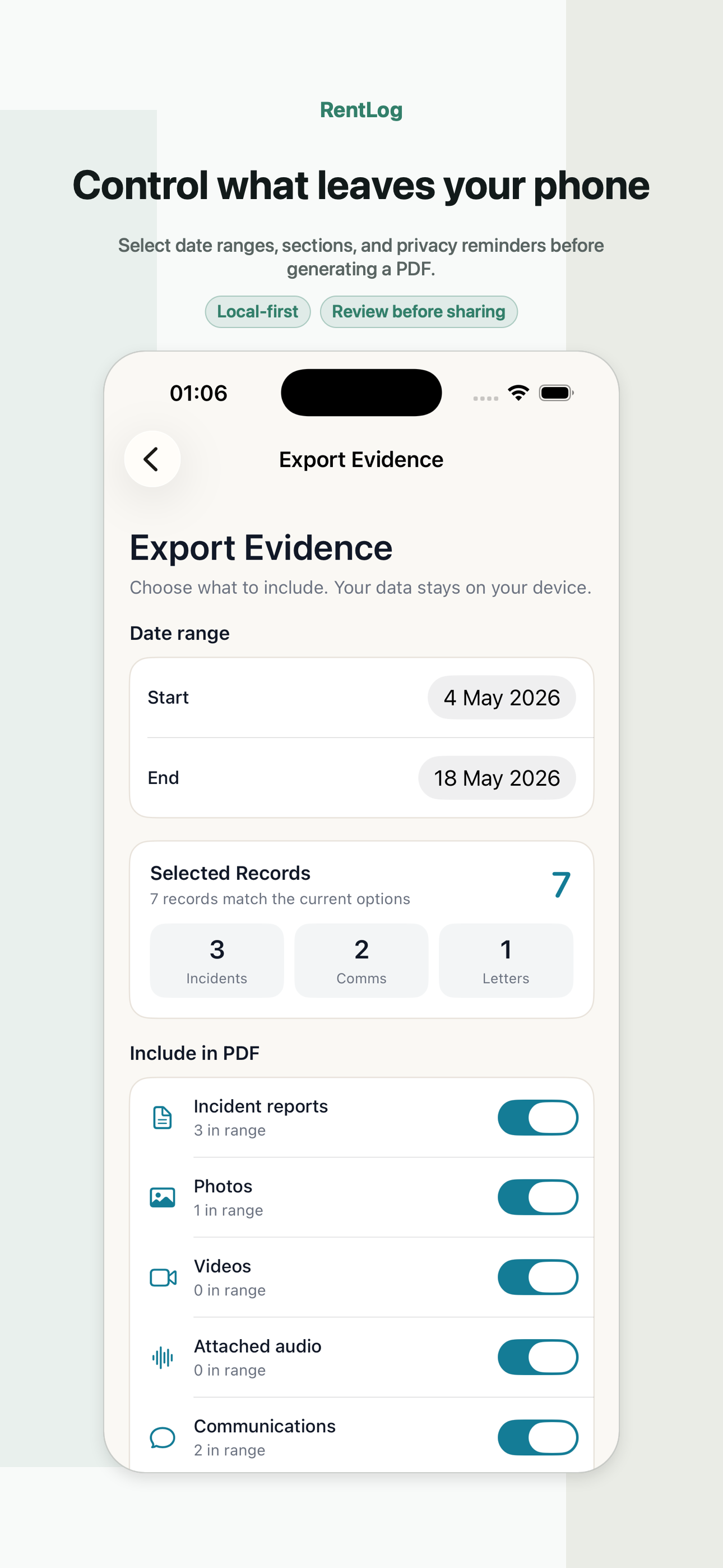 RentLog export options screen