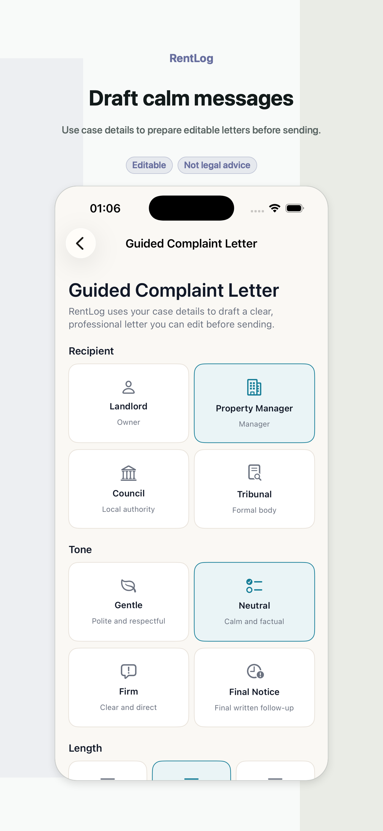 RentLog letter builder screen